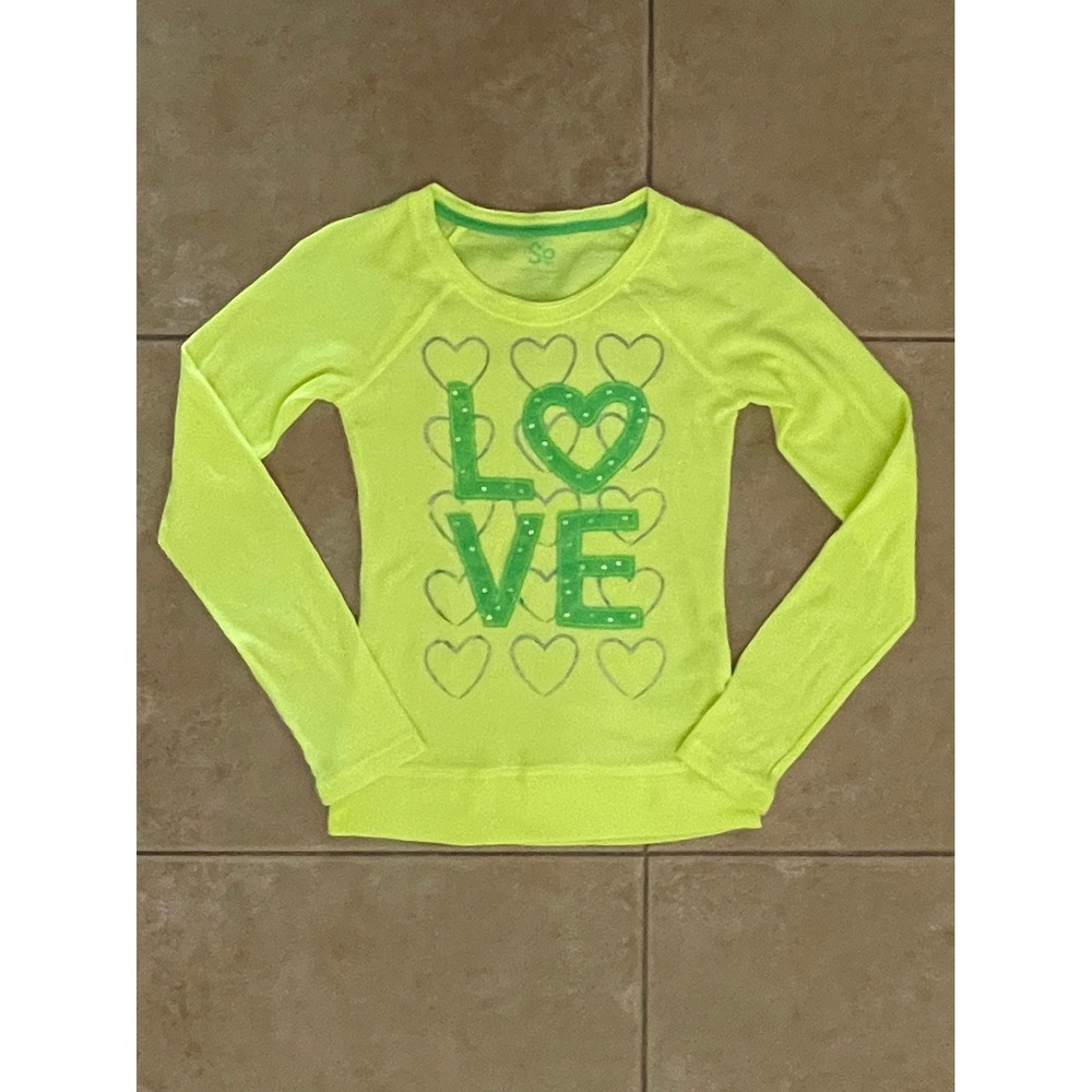 SO Girls Neon Yellow LOVE Sequin Heart Thermal Long Sleeve Top Size L 14